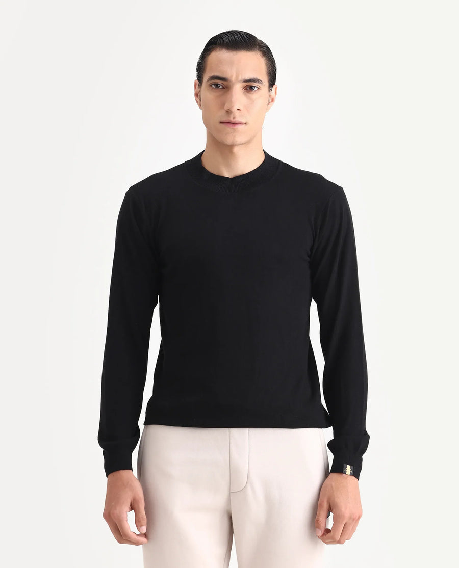 Rare Rabbit Men's Alfo 1 Black Viscose Plain Slim Fit Full Sleeve High Neck Sweater
