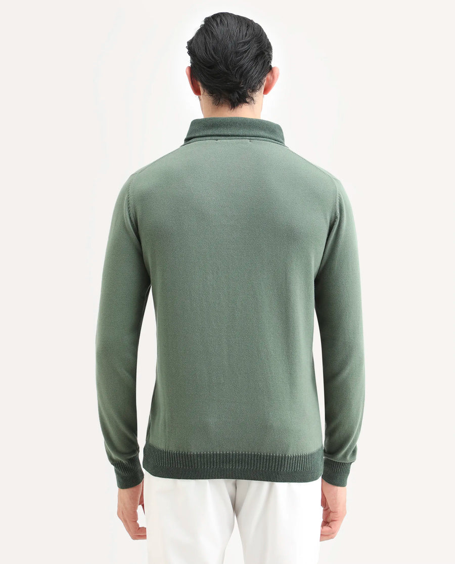 Rare Rabbit Men's Denver Dark Green Cotton Plain Regular Fit Full Sleeve Shawl Neck Sweater