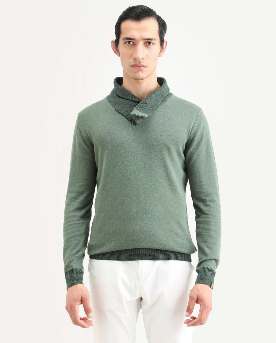 Rare Rabbit Men's Denver Dark Green Cotton Plain Regular Fit Full Sleeve Shawl Neck Sweater