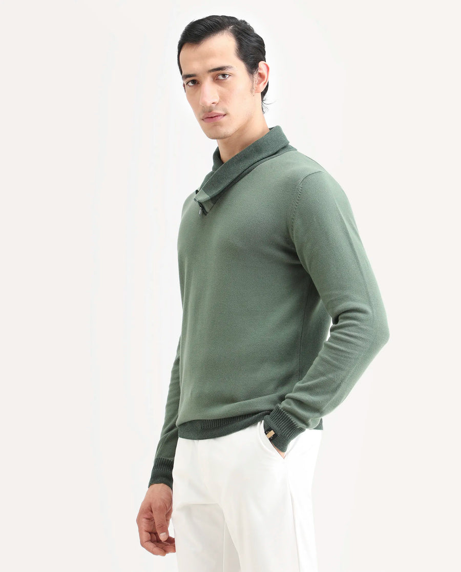 Rare Rabbit Men's Denver Dark Green Cotton Plain Regular Fit Full Sleeve Shawl Neck Sweater