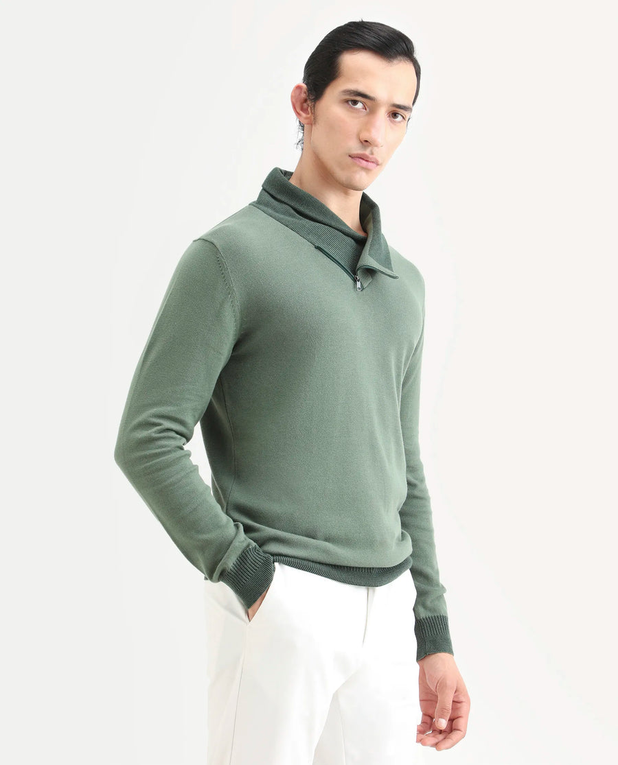 Rare Rabbit Men's Denver Dark Green Cotton Plain Regular Fit Full Sleeve Shawl Neck Sweater