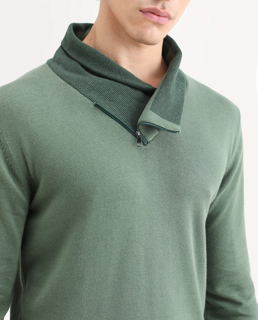Rare Rabbit Men's Denver Dark Green Cotton Plain Regular Fit Full Sleeve Shawl Neck Sweater