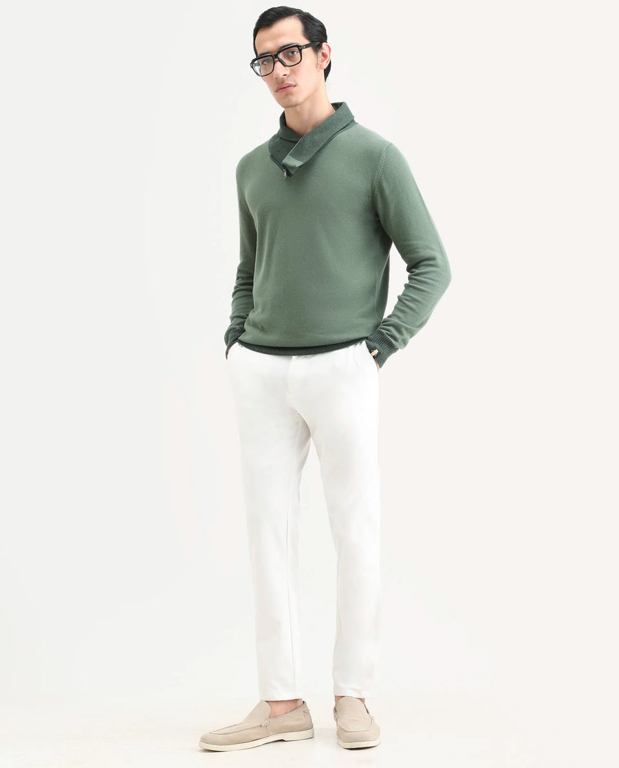 Rare Rabbit Men's Denver Dark Green Cotton Plain Regular Fit Full Sleeve Shawl Neck Sweater