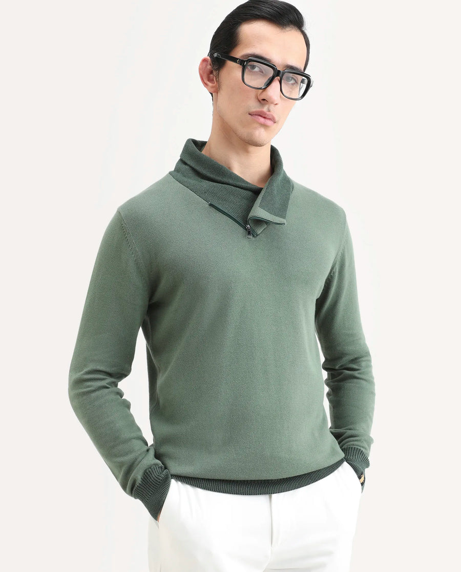 Rare Rabbit Men's Denver Dark Green Cotton Plain Regular Fit Full Sleeve Shawl Neck Sweater
