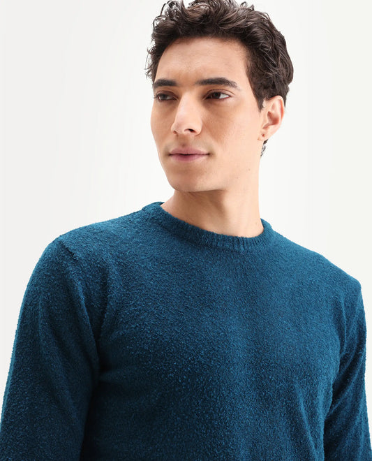 Rare Rabbit Men's Bocle Petrol Polyester Textured Relaxed Fit Full Sleeve Crew Neck Sweater