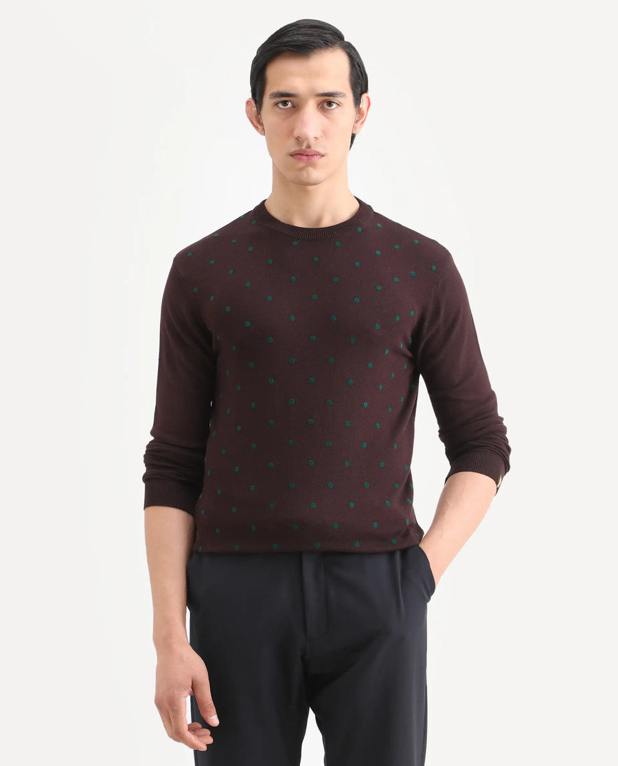 Rare Rabbit Men's Flock Maroon Viscose Polka Print Relaxed Fit Full Sleeve Crew Neck Sweater