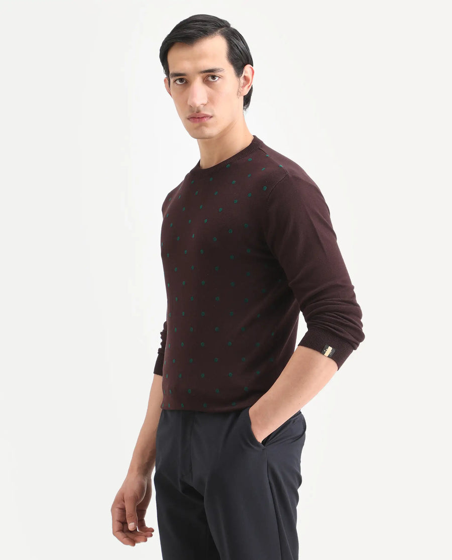 Rare Rabbit Men's Flock Maroon Viscose Polka Print Relaxed Fit Full Sleeve Crew Neck Sweater