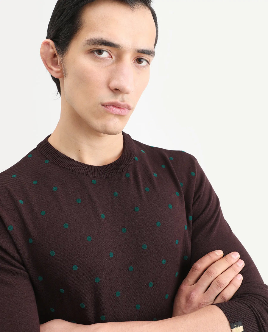 Rare Rabbit Men's Flock Maroon Viscose Polka Print Relaxed Fit Full Sleeve Crew Neck Sweater