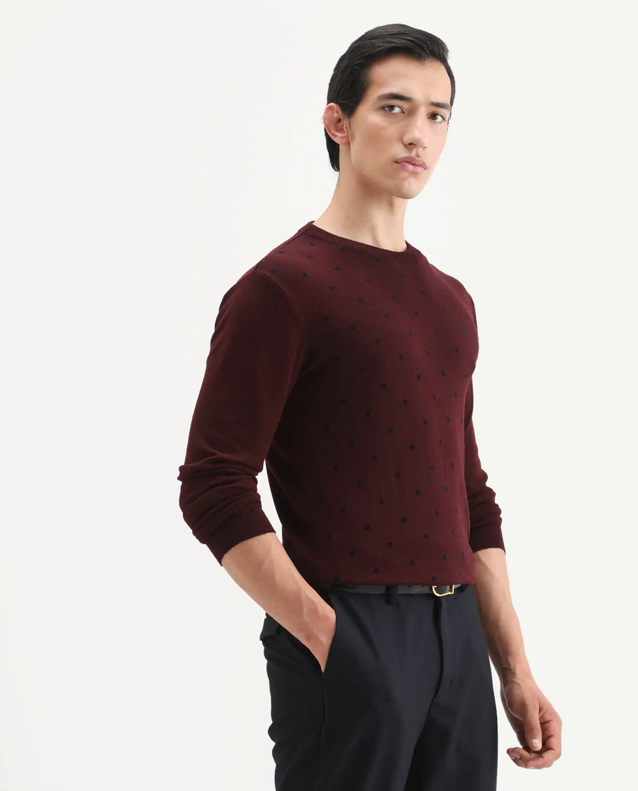 Rare Rabbit Men's Flock Dark Maroon Viscose Polka Print Relaxed Fit Full Sleeve Crew Neck Sweater