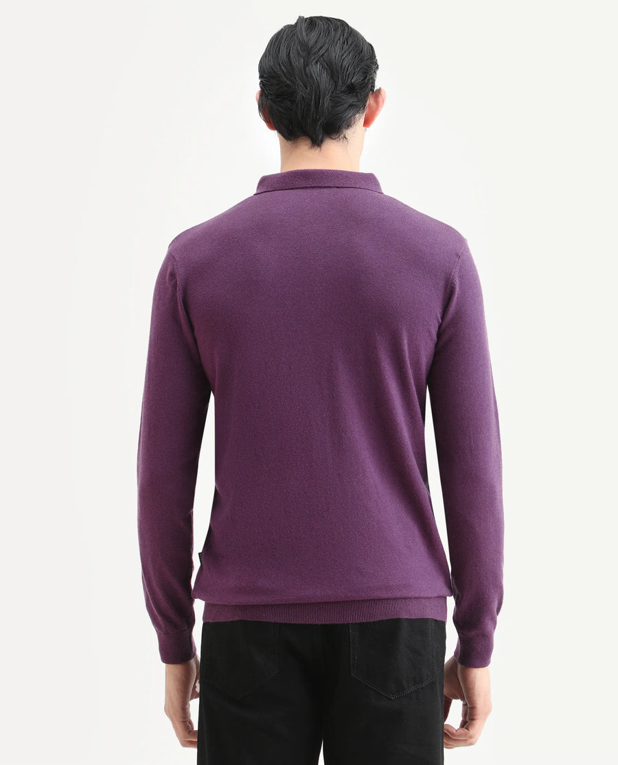 Rare Rabbit Men's Griffin Purple Viscose Plain Regular Fit Full Sleeve Spread Collar Sweater