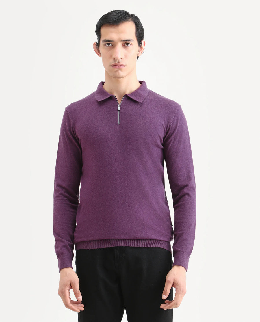 Rare Rabbit Men's Griffin Purple Viscose Plain Regular Fit Full Sleeve Spread Collar Sweater