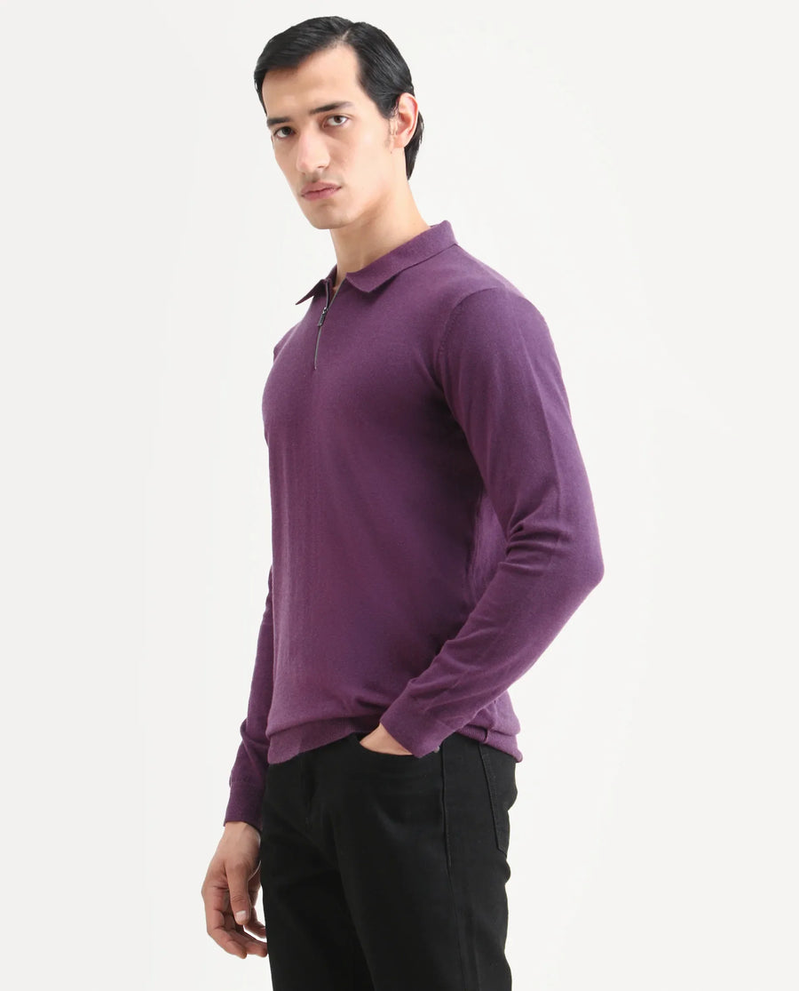 Rare Rabbit Men's Griffin Purple Viscose Plain Regular Fit Full Sleeve Spread Collar Sweater