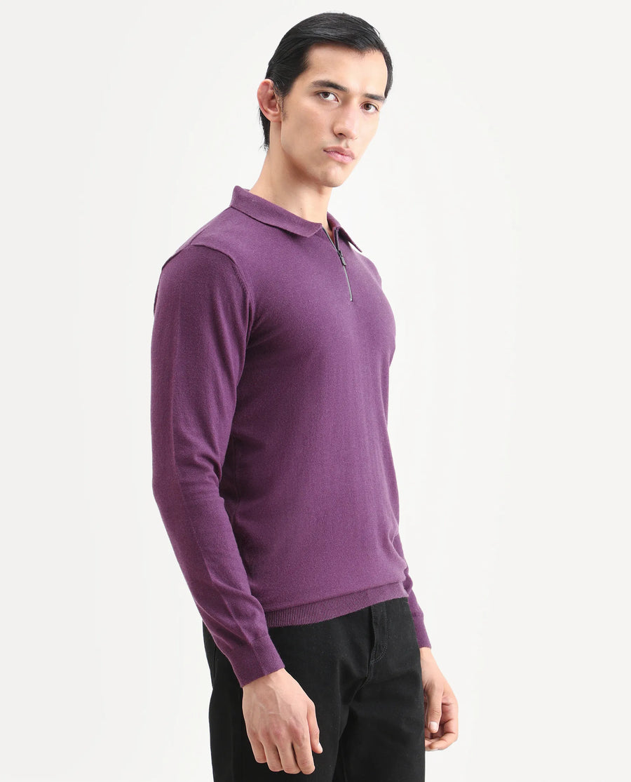 Rare Rabbit Men's Griffin Purple Viscose Plain Regular Fit Full Sleeve Spread Collar Sweater