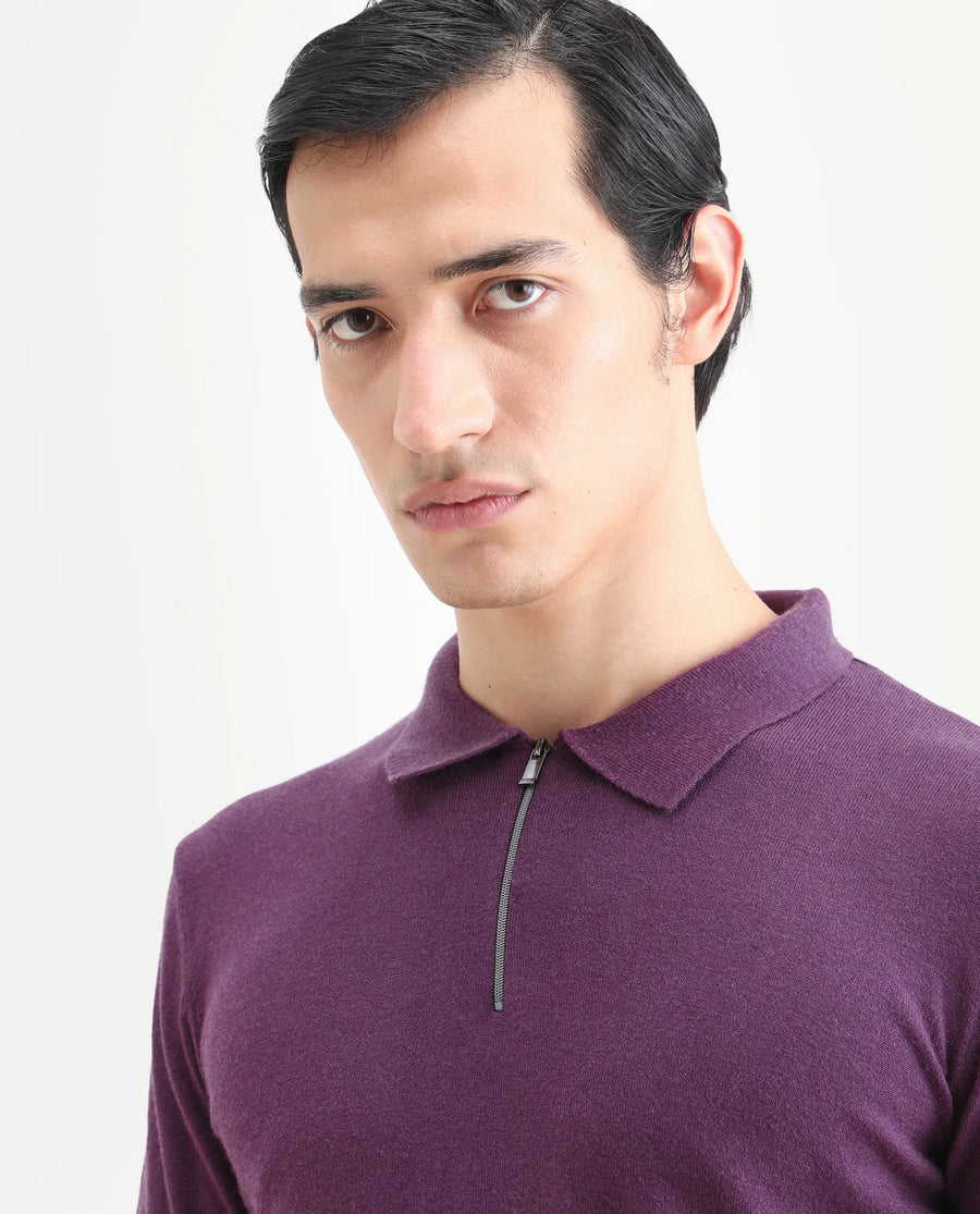 Rare Rabbit Men's Griffin Purple Viscose Plain Regular Fit Full Sleeve Spread Collar Sweater