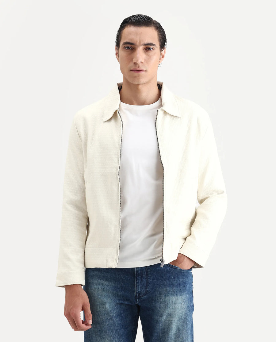 Rare Rabbit Men's Harbin Off White Polyester Jacquard Regular Fit Full Sleeve Spread Collar Jacket
