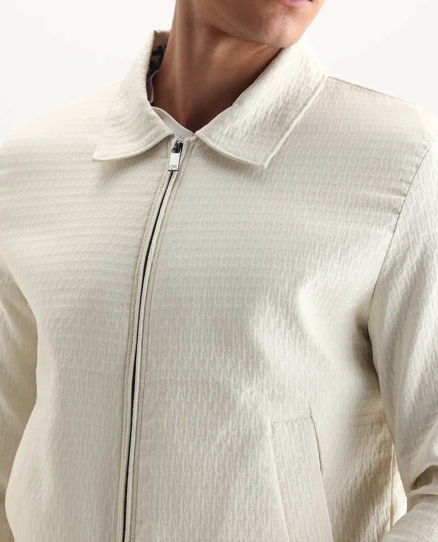 Rare Rabbit Men's Harbin Off White Polyester Jacquard Regular Fit Full Sleeve Spread Collar Jacket