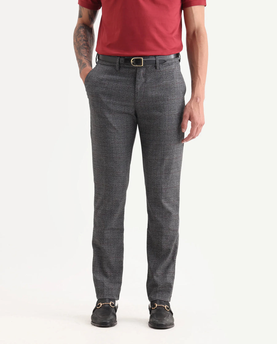 Rare Rabbit Men's Opal Dark Grey Polyester Checked Print Regular Fit Trouser