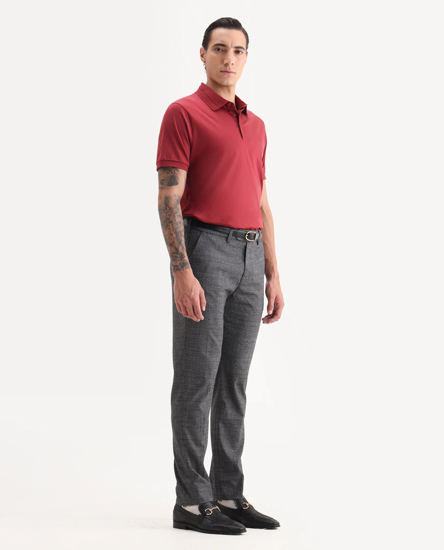 Rare Rabbit Men's Opal Dark Grey Polyester Checked Print Regular Fit Trouser