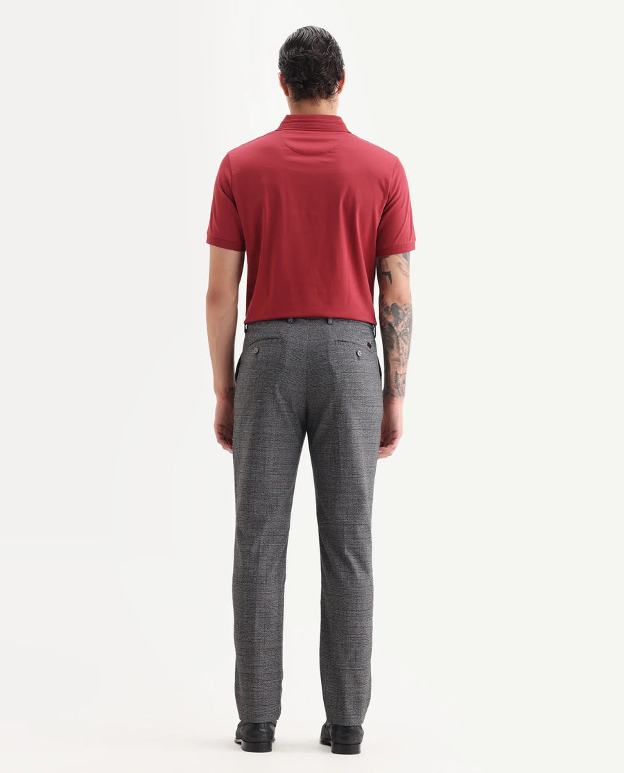 Rare Rabbit Men's Opal Dark Grey Polyester Checked Print Regular Fit Trouser
