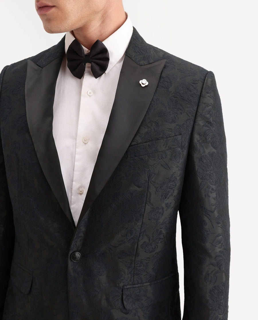Rare Rabbit Men's Boxton Black Polyester Jacquard Tailored Fit Full Sleeve Lapel Neck Blazer