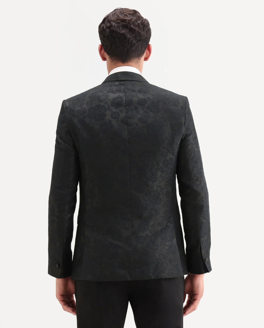 Rare Rabbit Men's Boxton Black Polyester Jacquard Tailored Fit Full Sleeve Lapel Neck Blazer