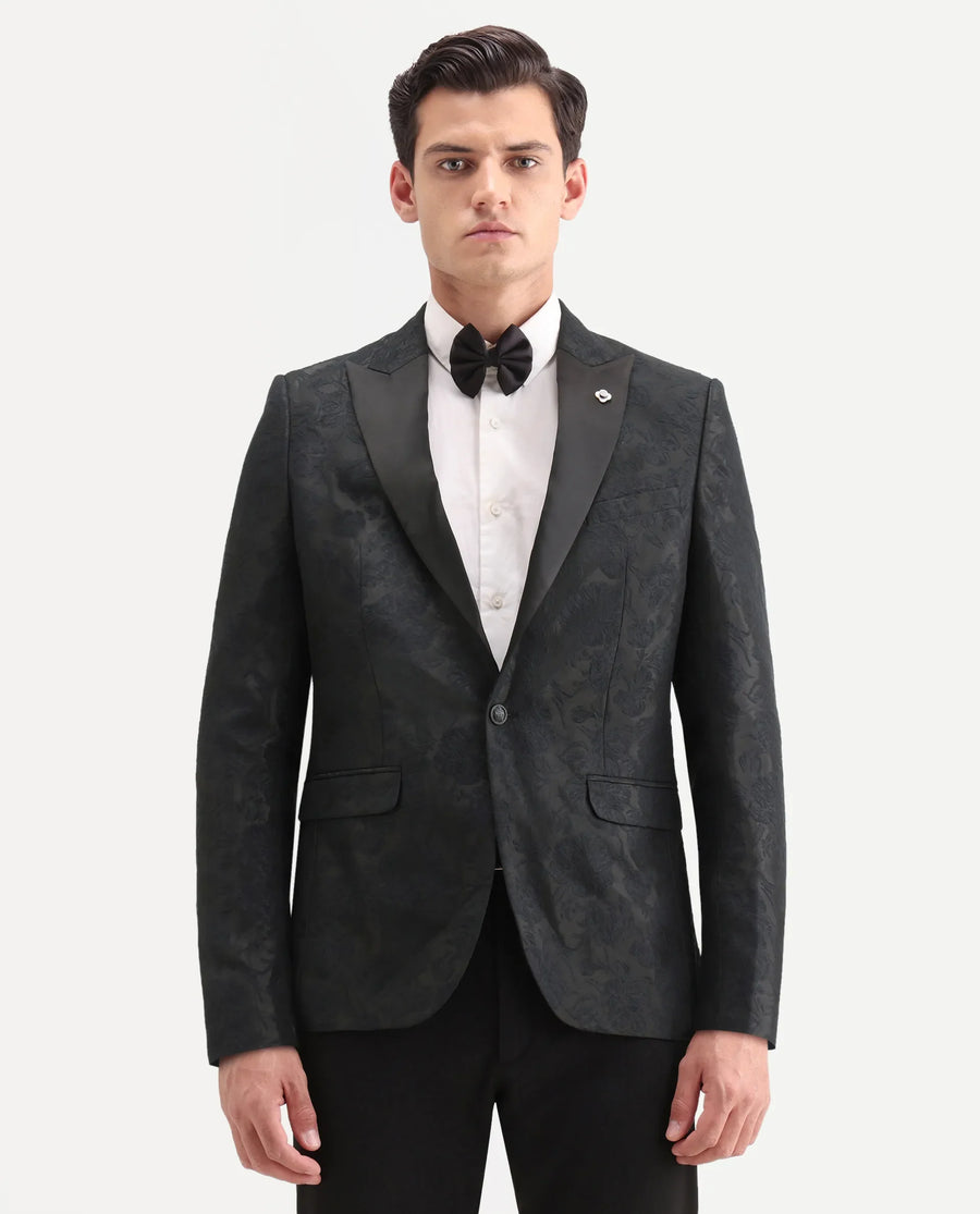 Rare Rabbit Men's Boxton Black Polyester Jacquard Tailored Fit Full Sleeve Lapel Neck Blazer