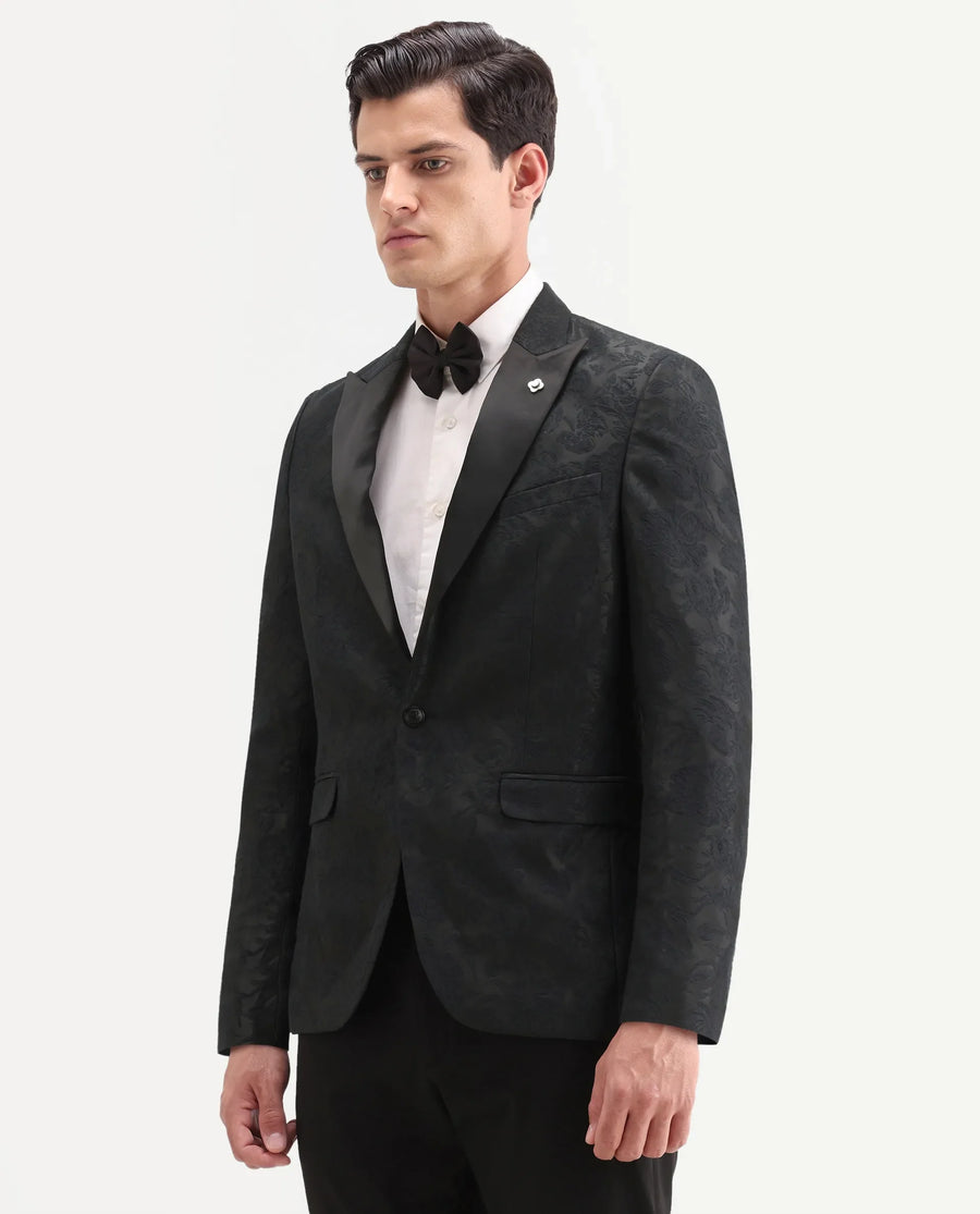Rare Rabbit Men's Boxton Black Polyester Jacquard Tailored Fit Full Sleeve Lapel Neck Blazer