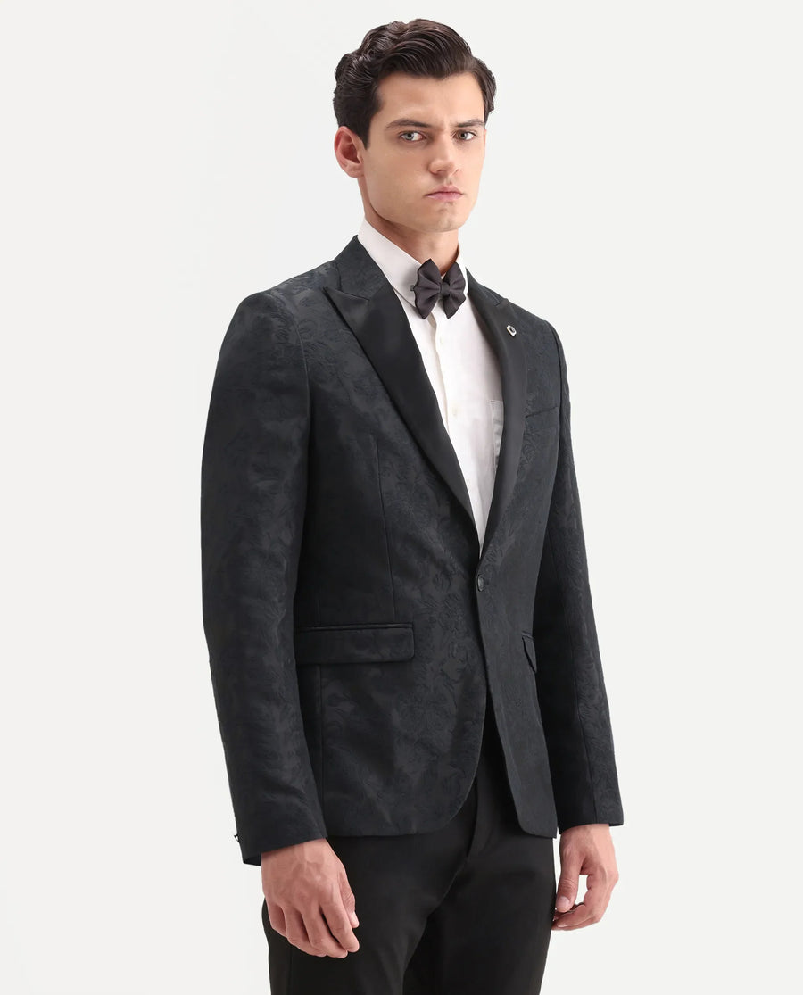 Rare Rabbit Men's Boxton Black Polyester Jacquard Tailored Fit Full Sleeve Lapel Neck Blazer