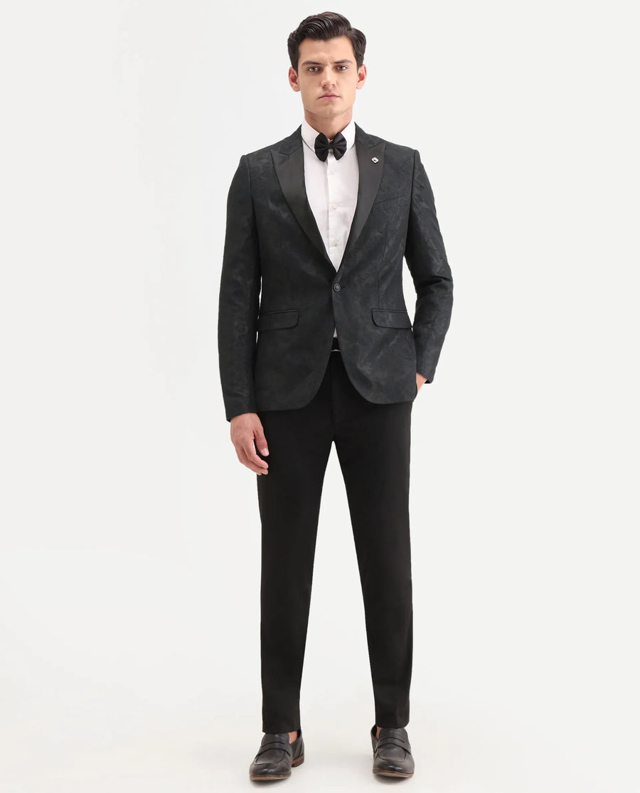 Rare Rabbit Men's Boxton Black Polyester Jacquard Tailored Fit Full Sleeve Lapel Neck Blazer