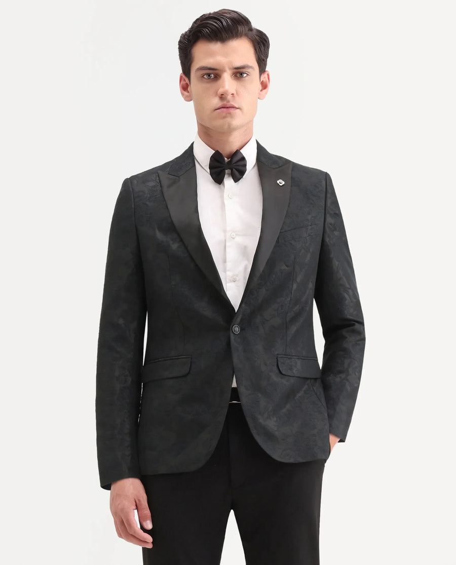 Rare Rabbit Men's Boxton Black Polyester Jacquard Tailored Fit Full Sleeve Lapel Neck Blazer