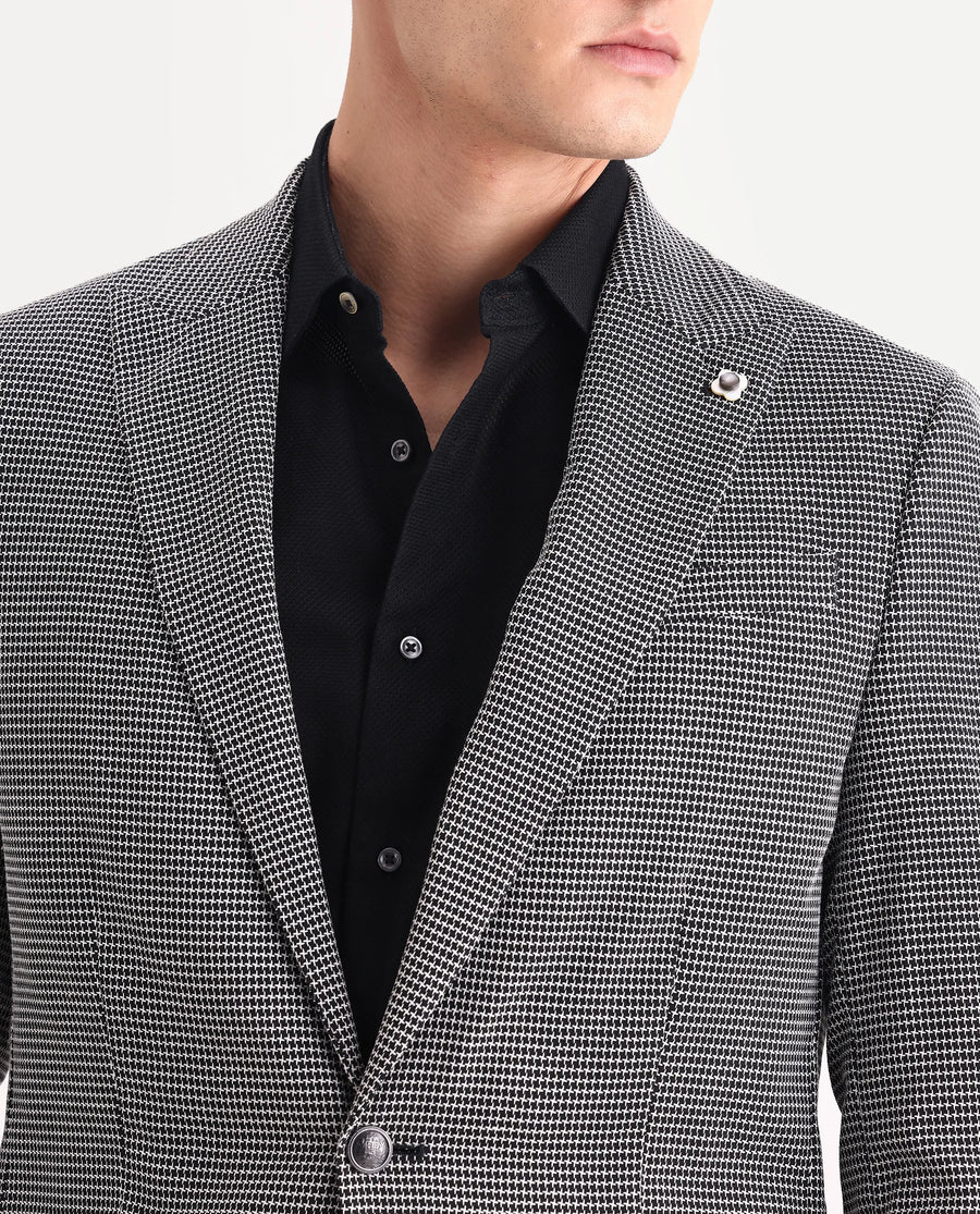 Rare Rabbit Men's Mellion Black Polyester Jacquard Tailored Fit Full Sleeve Lapel Neck Blazer