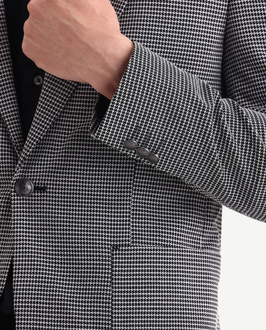 Rare Rabbit Men's Mellion Black Polyester Jacquard Tailored Fit Full Sleeve Lapel Neck Blazer