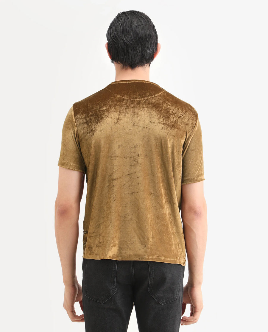 Rare Rabbit Men's Timos Mustard Velvet Ombre Slim Fit Half Sleeve Crew Neck T-Shirt