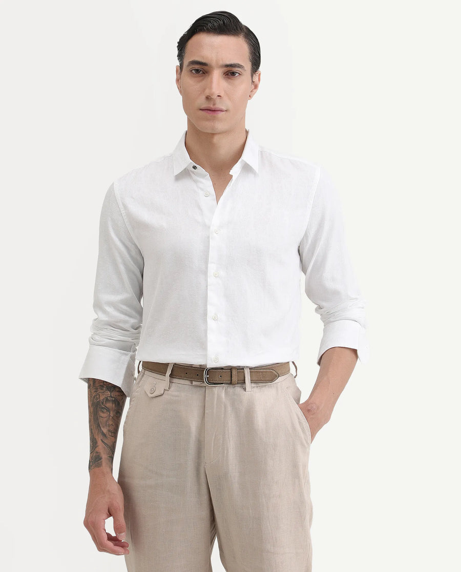 Rare Rabbit Men's Cina White Cotton Jacquard Regular Fit Full Sleeve Spread Collar Shirt