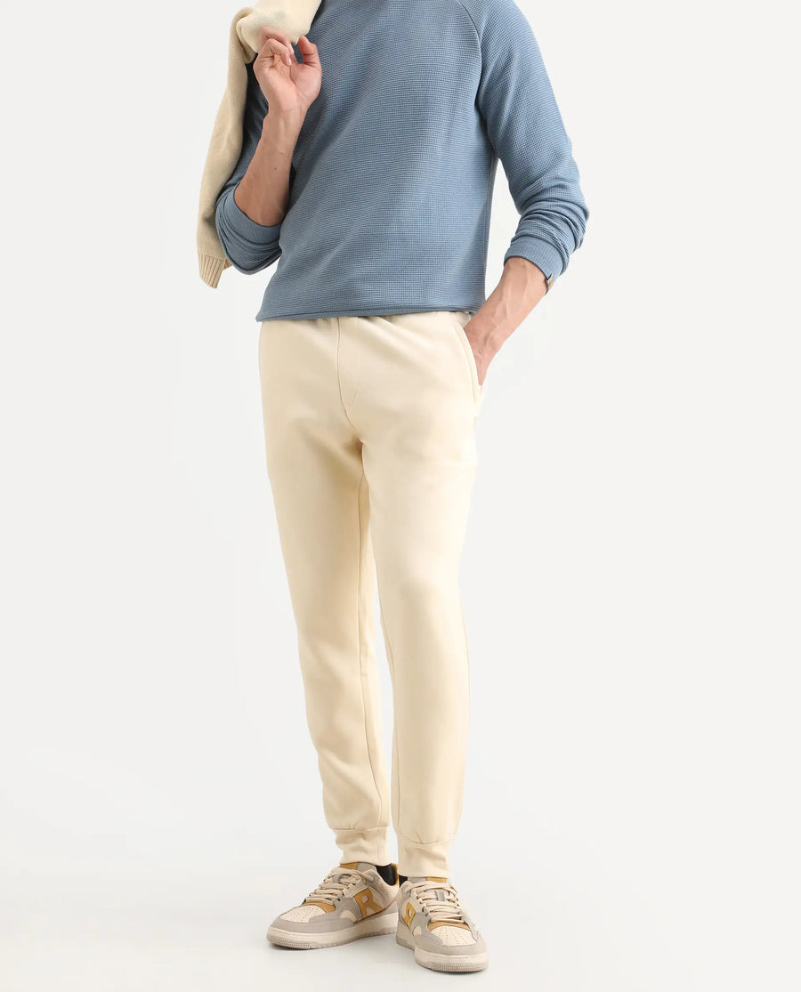 Rare Rabbit Men's Bard Light Yellow Cotton Plain Regular Fit Track Pant