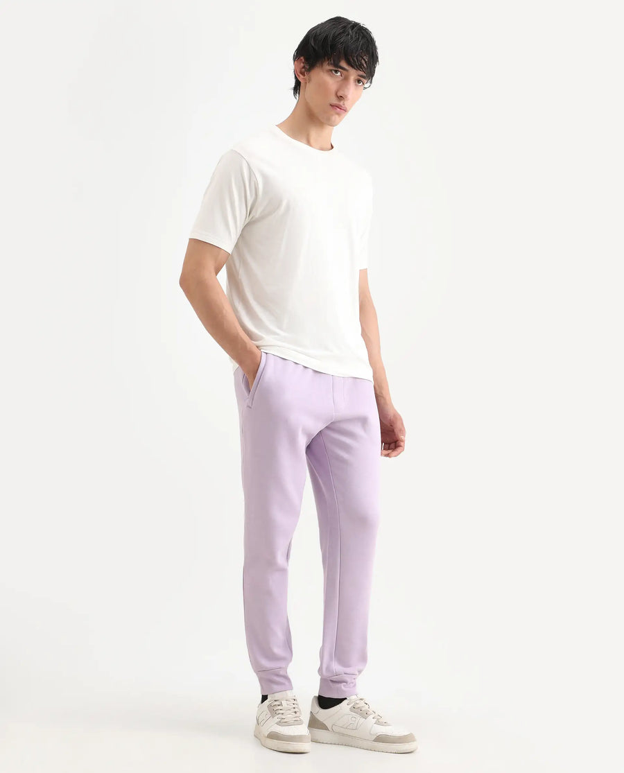 Rare Rabbit Men's Castle Bay Pastel Purple Cotton Plain Regular Fit Joggers