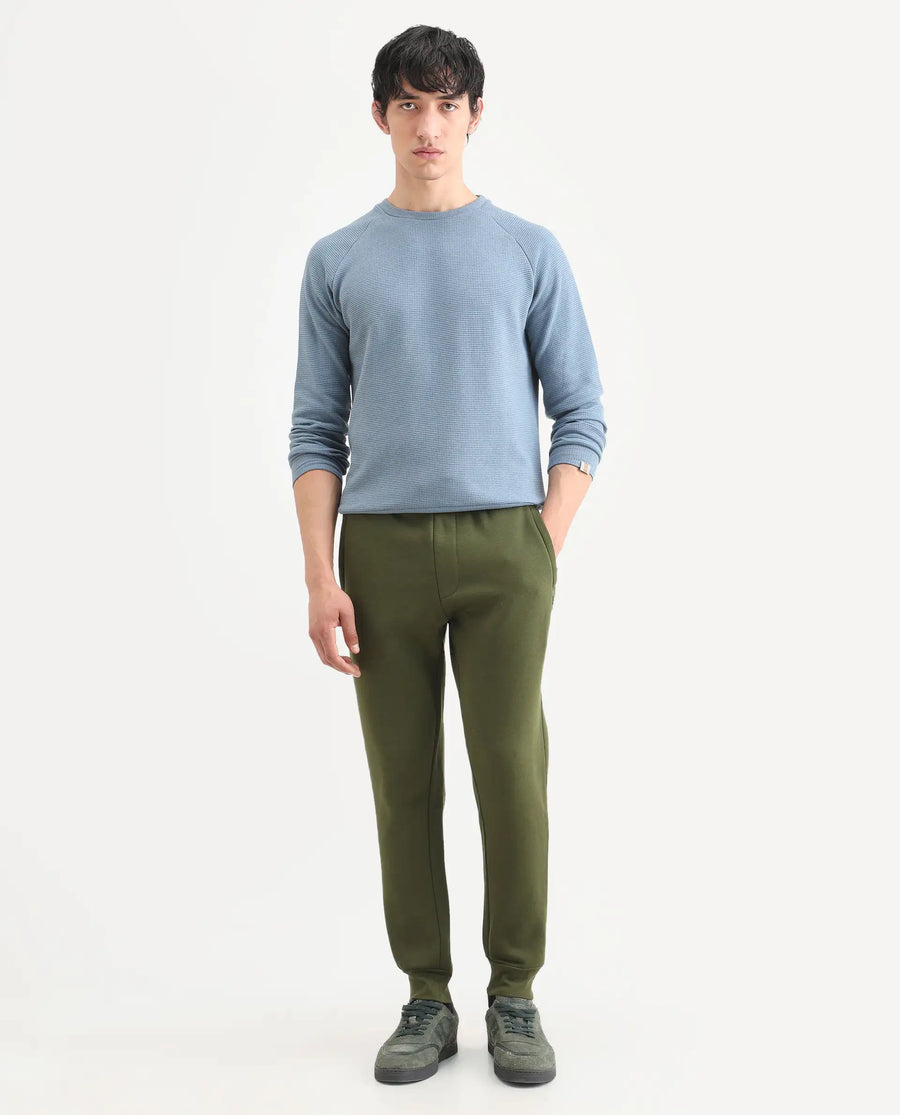 Rare Rabbit Men's Tyrone Olive Cotton Plain Regular Fit Joggers