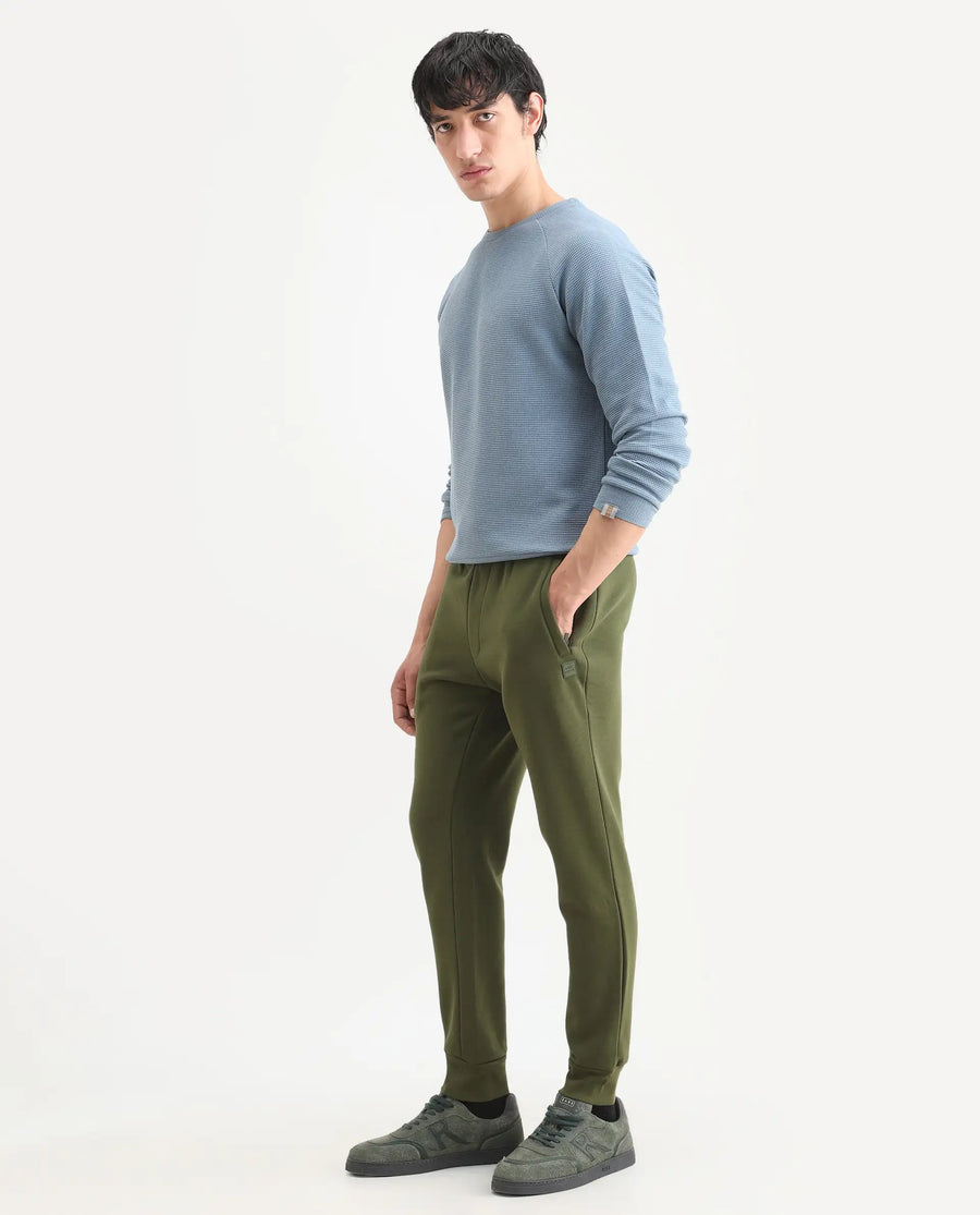 Rare Rabbit Men's Tyrone Olive Cotton Plain Regular Fit Joggers