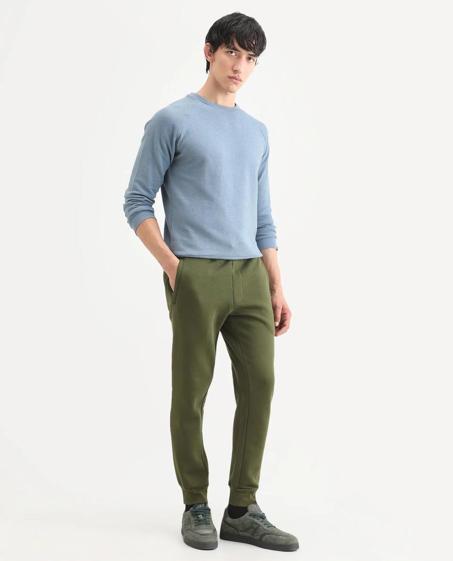 Rare Rabbit Men's Tyrone Olive Cotton Plain Regular Fit Joggers