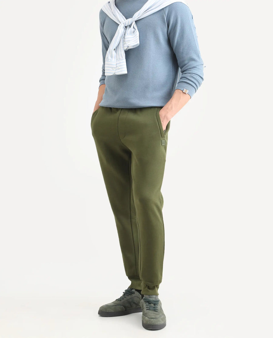 Rare Rabbit Men's Tyrone Olive Cotton Plain Regular Fit Joggers