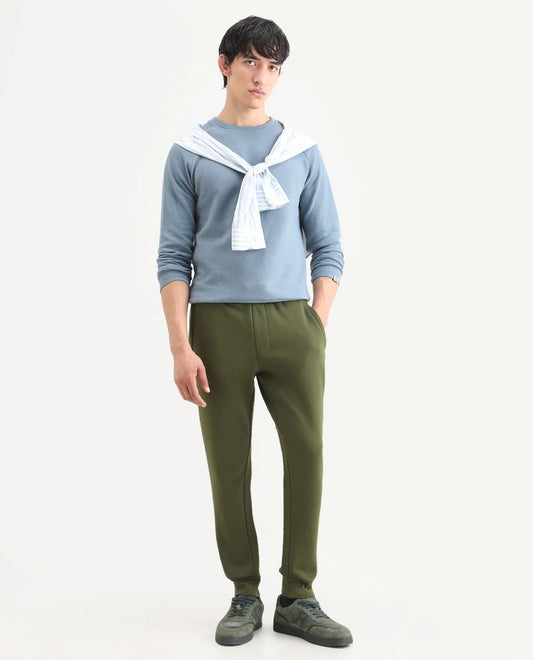 Rare Rabbit Men's Tyrone Olive Cotton Plain Regular Fit Joggers