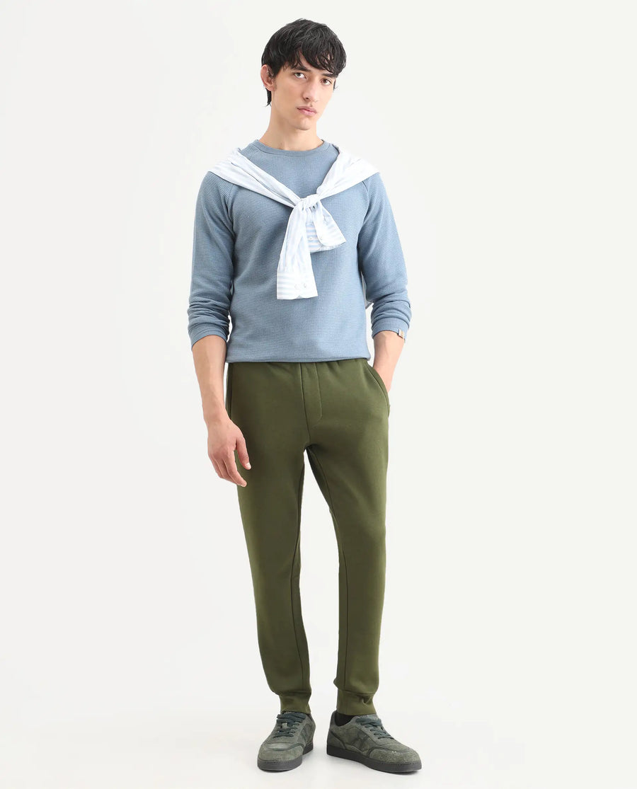 Rare Rabbit Men's Tyrone Olive Cotton Plain Regular Fit Joggers