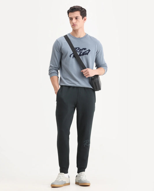 Rare Rabbit Men's Callan Dark Green Cotton Embroidered Regular Fit Joggers