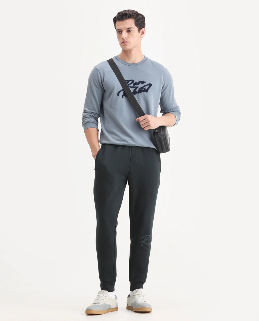 Rare Rabbit Men's Callan Dark Green Cotton Embroidered Regular Fit Joggers