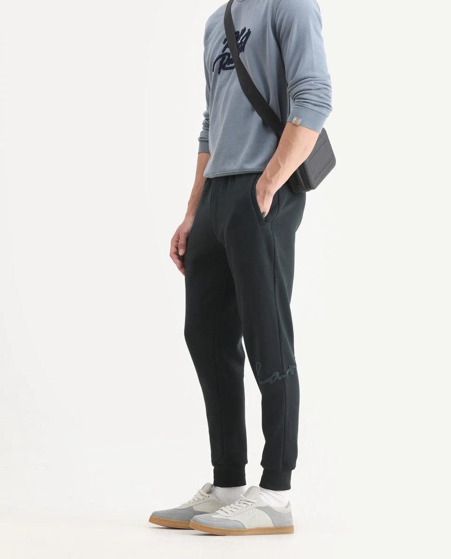 Rare Rabbit Men's Callan Dark Green Cotton Embroidered Regular Fit Joggers