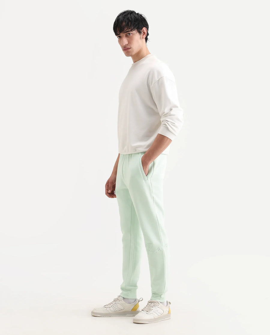 Rare Rabbit Men's Glame Light Green Cotton Plain Regular Fit Joggers