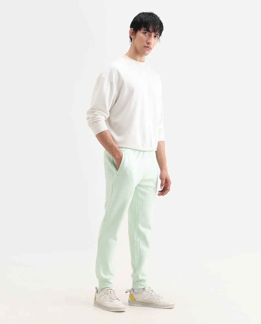 Rare Rabbit Men's Glame Light Green Cotton Plain Regular Fit Joggers