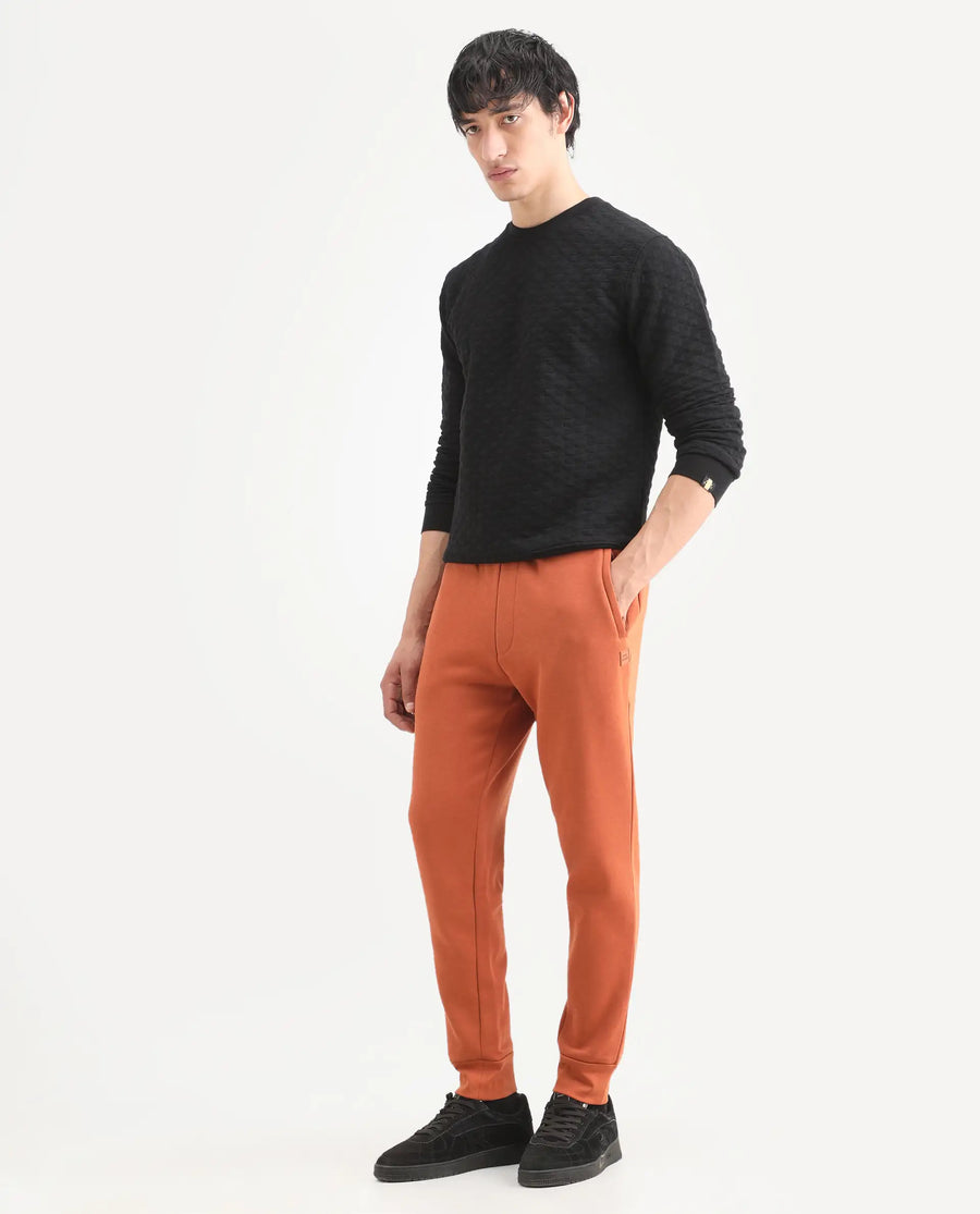 Rare Rabbit Men's Bifrost Rust Cotton Plain Regular Fit Joggers