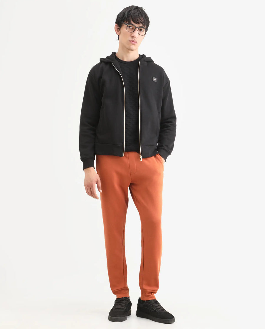 Rare Rabbit Men's Bifrost Rust Cotton Plain Regular Fit Joggers