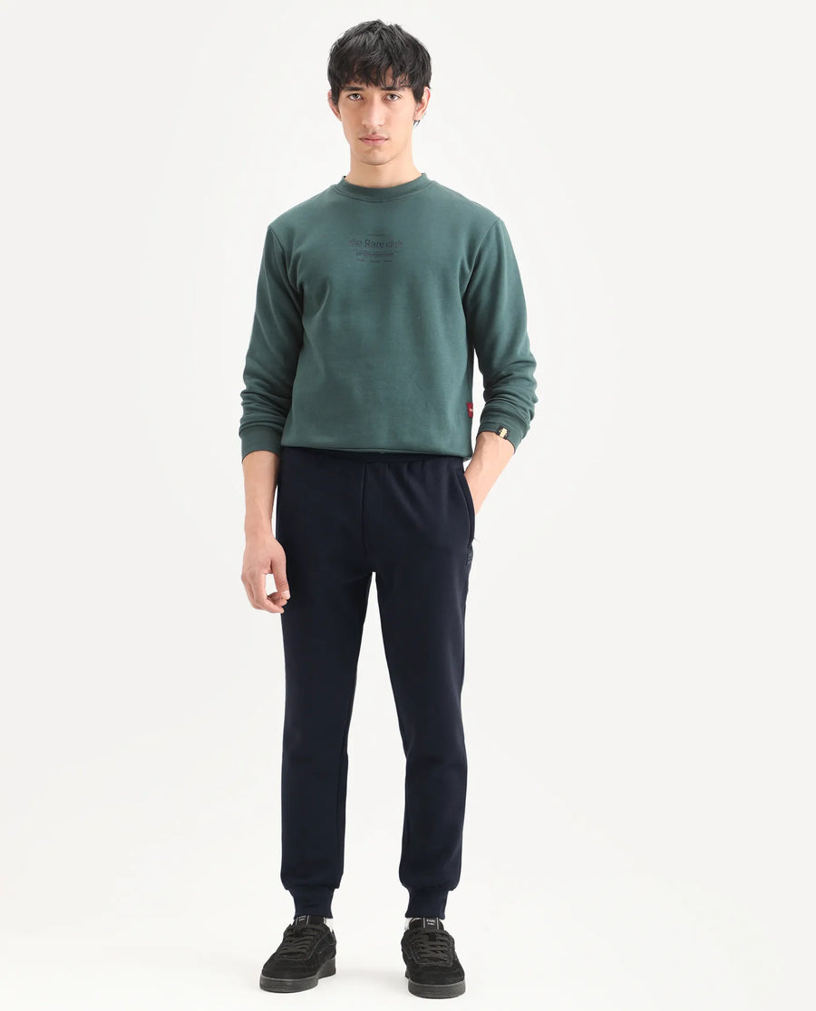 Rare Rabbit Men's Soho Navy Cotton Plain Regular Fit Joggers
